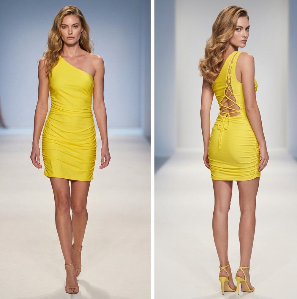 NWD Sophia Thomas Size 10 Yellow One Shoulder Ruched Bodycon Mini Dress
